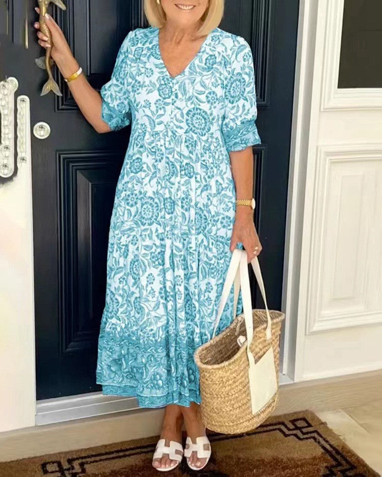 Keisha | Pełna Wdzięku Sukienka Maxi w Kwiaty z Dekoltem V